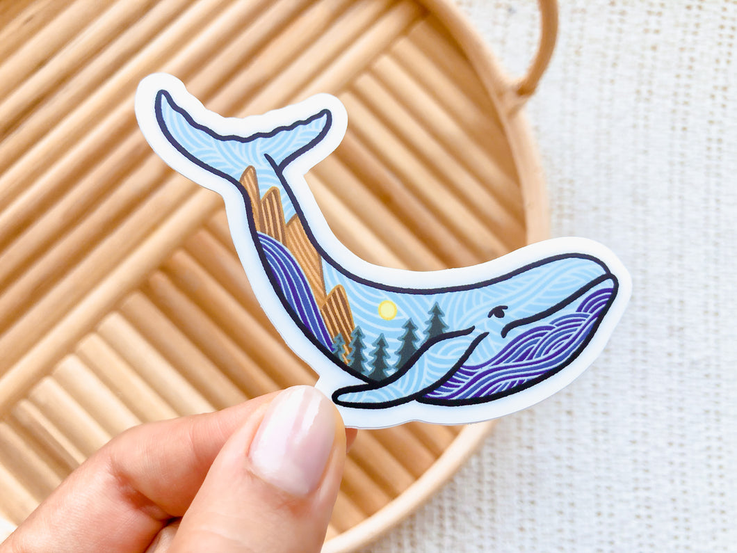 Whale with Mountains, Trees, and Ocean Sticker